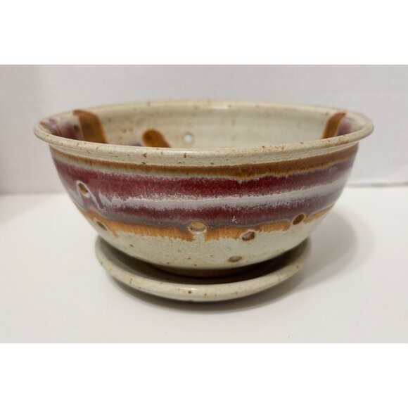 Handmade Other - Art Pottery Handmade Berry Bowl Colander Purple Drip Glaze & Plate Signed 7"